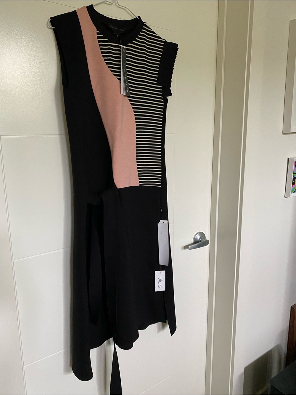 NWT Marie Saint Pierre Black Midi Dress with Pink & front tie bow
